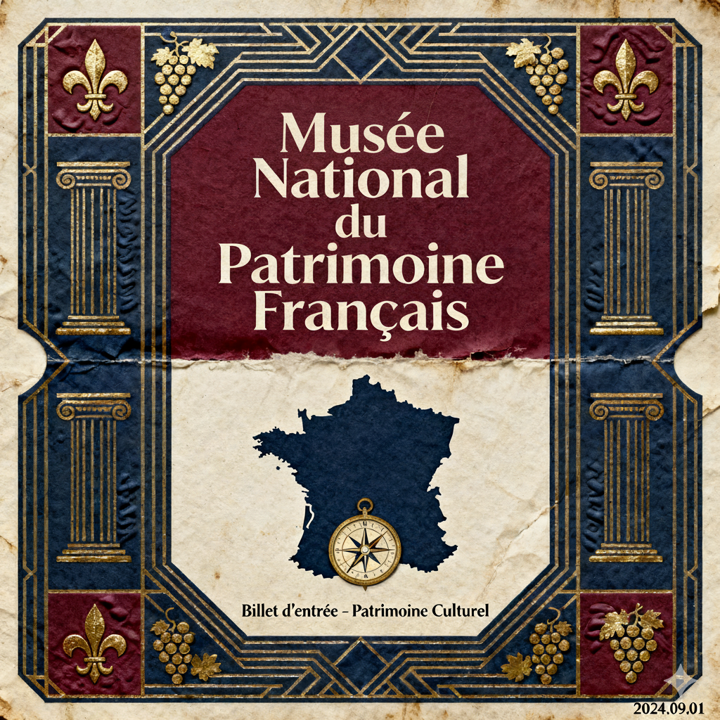 Billet d’entrée au style vintage du Musée National du Patrimoine Français, orné de motifs dorés et d’une carte de France.