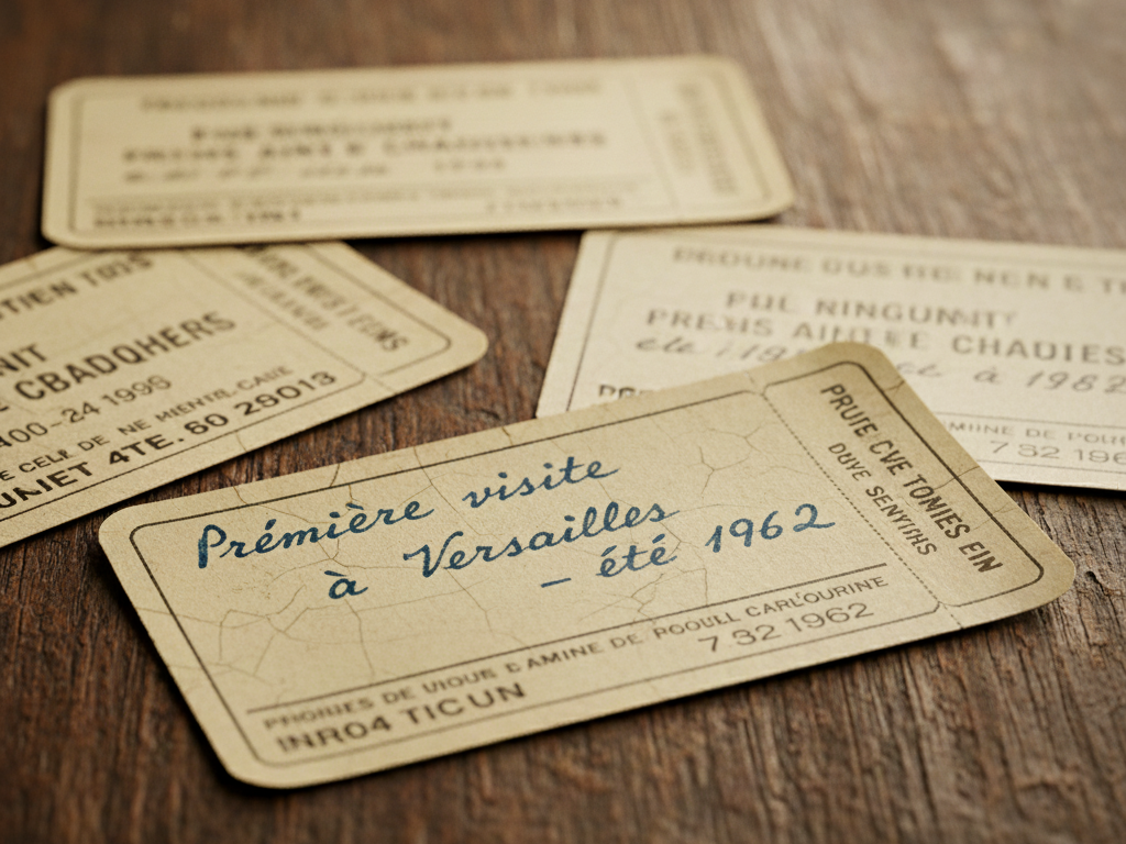 Tickets anciens d’entrée à Versailles posés sur une table en bois, évoquant la mémoire culturelle et le patrimoine français.