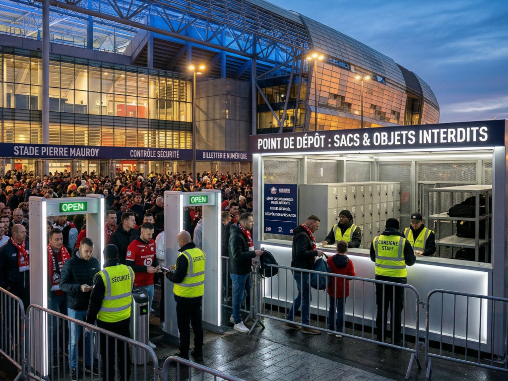 Portiques de sécurité et point de consigne à l'entrée d'un stade lors d'un grand événement sportif